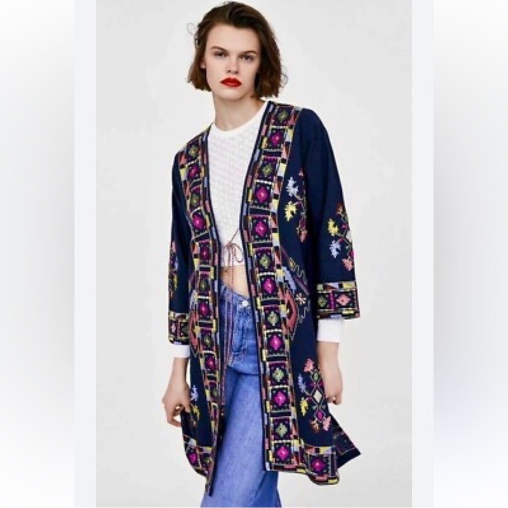 Zara Navy Embroidered Floral pockets 100% cotton XS open front tie duster coat